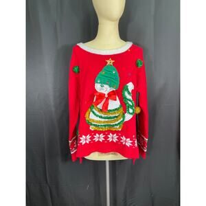 Ugly Christmas Cat Sweater, XL, Bow, Tinsel, Star, Sequence